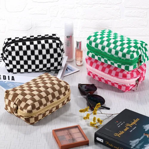 Miniatura 2 de ZLFSRQ Bolsa de maquillaje a cuadros para mujer, grande y pequeña, juego de bolsa de cosméticos a cuadros, bolsas de aseo de viaje, bolsa de Cuadros