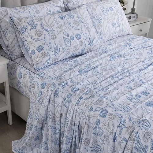 Miniatura 11 de FADFAY Juego de sábanas King con temática de playa, 100% algodón, ropa de cama costera súper suave, ropa de cama náutica de conchas marinas y Aqua