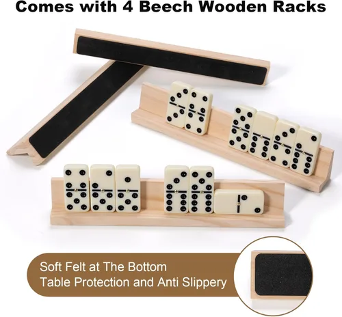 Miniatura 3 de Juego de 6 dominó dobles para adultos con 4 estantes de madera, 28 fichas, juego de mesa de dominó clásico con funda de viaje portátil