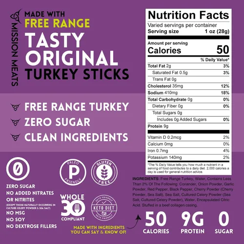 Miniatura 3 de Mission Meats - Snacks Keto sin azúcar, palitos de pavo de gama libre enteros 30 sin gluten, sin MSG, nitrato y nitrito, paleo, bocadillos