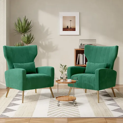 Miniatura 24 de Nebuaegis Silla decorativa de terciopelo con respaldo alado para sala de estar, sillón de respaldo alto con patas doradas, almohada lumbar, sofá