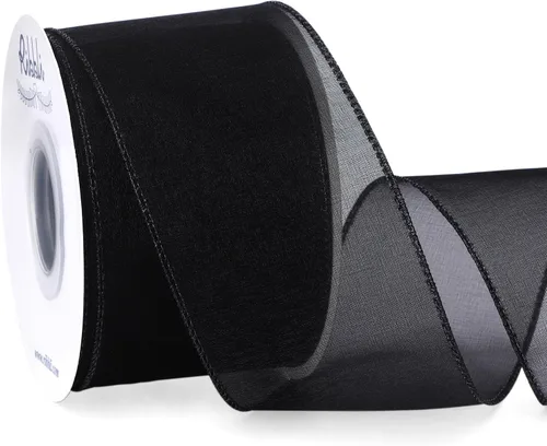 Ribbli Cinta negra de organza con alambre, color negro transparente con borde metálico, 2-1/2 pulgadas x 20 yardas, cinta para árbol de Navidad para