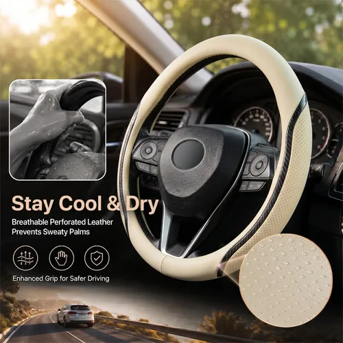 Miniatura 4 de Funda para Volante de Automóvil Color Beige, Fundas para Volante de 14.5-15 Pulgadas con Posavasos de Cuero de Microfibra Fibra de Carbono