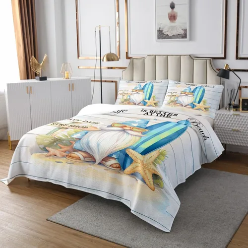 Miniatura 2 de Manfei Colcha de verano para niños y niñas, tamaño individual, lindo juego de colcha de tabla de surf de gnomo de 2 piezas para decoración
