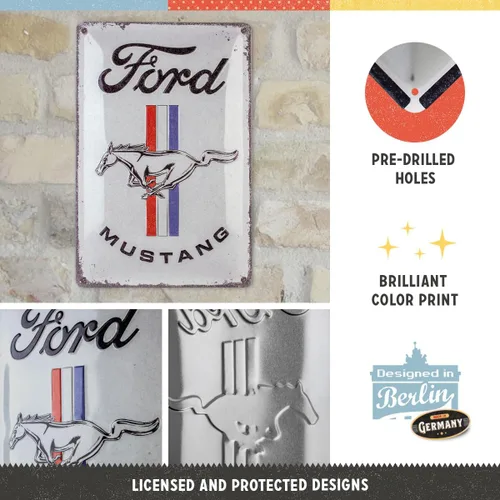 Miniatura 3 de Nostalgic-Art Letrero de lata retro, 7.9 x 11.8 pulgadas, Ford Mustang – Logotipo de caballo y rayas – Idea de regalo para los fanáticos de Ford