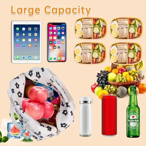 Miniatura 4 de Bolsa de almuerzo para mujeres, hombres y niñas, grandes y lindas bolsas de almuerzo de corduroy - Caja de almuerzo aislada reutilizable