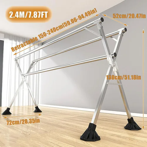 Miniatura 7 de Estante de secado de ropa plegable de acero inoxidable resistente, longitud ajustable, para interiores y exteriores, 7.9 ft/7.87 pies con pies