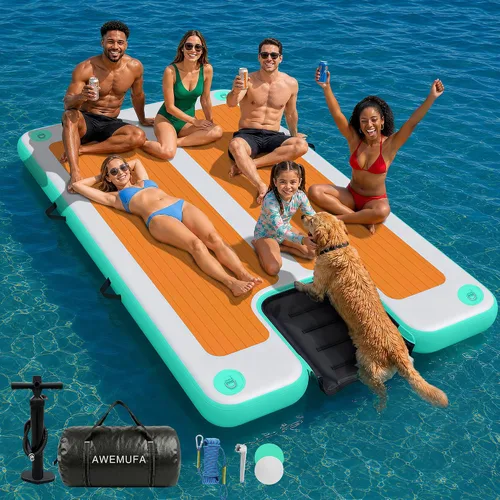 Miniatura 24 de AWEMUFA Muelle flotante inflable con rampa de 5 pies/6 pies/8 pies/10 pies, plataforma flotante flotante, tapete flotante de isla flotante, flotador