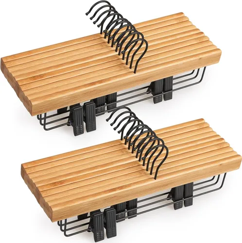 Miniatura 8 de TOPIA HANGER Perchas para pantalones, paquete de 10 perchas de bambú con clips negros y gancho giratorio, perchas duraderas de madera natural