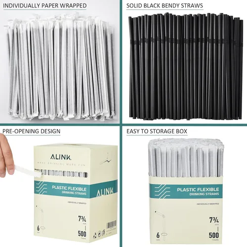 Miniatura 3 de ALINK 500 unidades de pajitas de plástico flexibles negras, pajitas desechables plegables envueltas individualmente - 19,7 cm x 0,58 cm