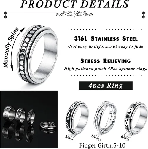 Miniatura 2 de Jstyle Juego de 4 anillos de acero inoxidable para mujeres y hombres, anillos giratorios de flores, luna, estrella, anillos frescos para aliviar
