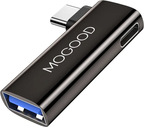 MOGOOD Adaptador USB C OTG 2 en 1 con carga PD de 100 W, puerto USB 3.0, ángulo recto para Galaxy S24, Quest 3, iPad, Chromecast, Pi-KVM - Datos y