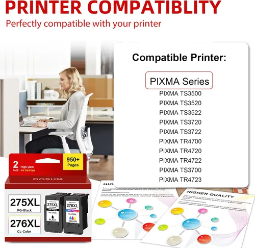 Miniatura 2 de DOSUM PG-275XL / CL-276XL - Cartuchos de tinta para impresora Canon Black 275XL y 276XL Color Pixma TS3722 TR4720 TS3720 TS3500 TR4722 TS3522 TR4700