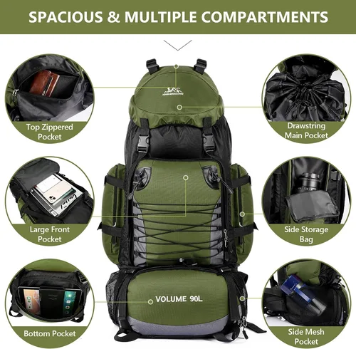 Miniatura 3 de Mochila de senderismo de 90L, bolsa de camping impermeable con cubierta de lluvia, mochila ligera para mochileros, sin marco
