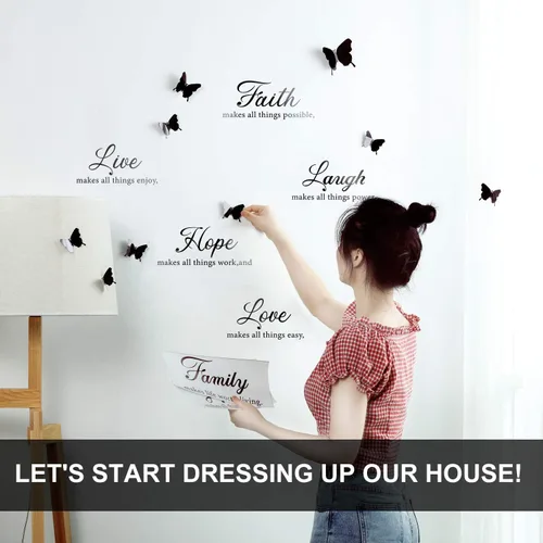 Miniatura 4 de Boao 6 calcomanías motivacionales de pared con 12 calcomanías de mariposa 3D con citas inspiradoras para decoración del hogar y la oficina (negro)