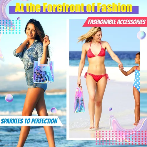 Miniatura 7 de CHENGU 10 bolsas iridiscentes, holográficas, transparentes, reutilizables, para cumpleaños, PVC, 7 x 8 x 4 pulgadas, bolsas con asa de compras, a