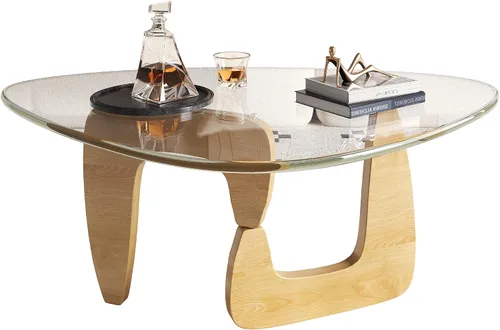 Miniatura 11 de WLIVE Mesa de café, mesa de café pequeña de vidrio con patas de madera maciza, mesas de sala de estar triangulares de 36" de mediados de siglo, mesa