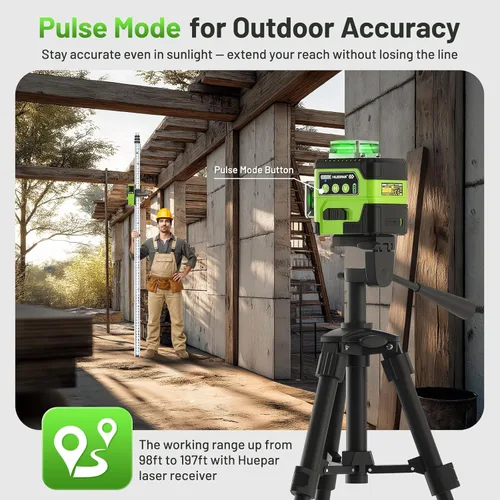Miniatura 7 de Huepar Nivel láser con pantalla de ángulo digital, 3 x 360° autonivelante de alto brillo, 12 líneas cruzadas verdes láser para construcción y colgar