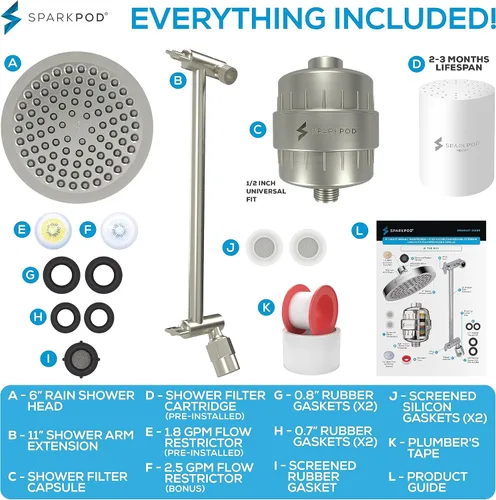 Miniatura 6 de SparkPod Cabezal de ducha de lluvia de alta presión de 6 pulgadas con cápsula de filtro de 23 etapas y extensión de brazo de ducha ajustable de 11