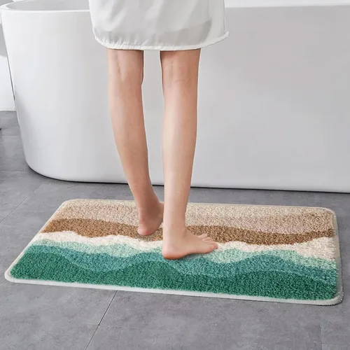 Alfombra de baño de ondas azules y verdes, de estilo japonés, suave, absorbente de agua, antideslizante, lavable a máquina para ducha