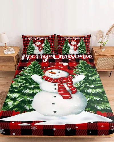 Miniatura 12 de Juego de sábanas con diseño de muñeco de nieve y árbol navideño para cama tamaño queen, 3 piezas - Sábanas con bolsillo profundo que se ajustan a