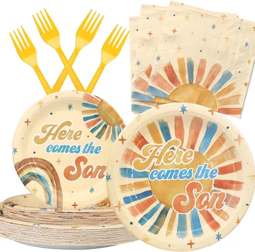 Here Comes the Son - Suministros para baby shower para 20 invitados – Platos boho Sun y Rainbow Platos, servilletas y tenedores – Juego de vajilla