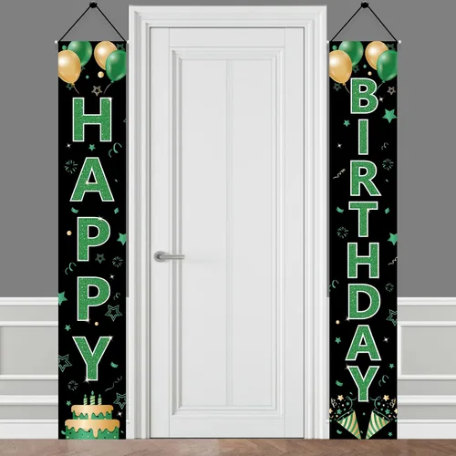 Cartel verde para puerta de cumpleaños para mujeres y hombres, letrero de feliz cumpleaños verde negro dorado para porche, suministros de fiesta,