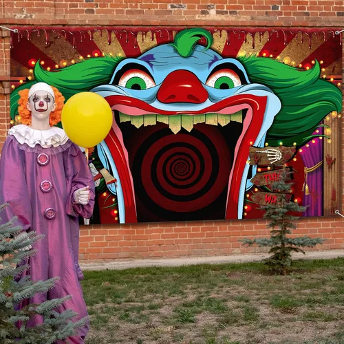 Miniatura 6 de Decoraciones de payaso de Halloween, telón de fondo de carnaval, pancarta de Halloween, payaso espeluznante, fotografía de fondo para terror, circo