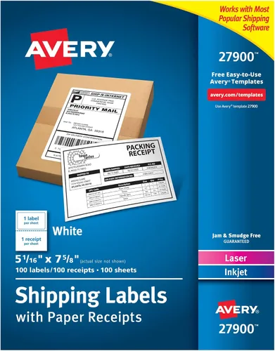 Avery Etiquetas de envío imprimibles con recibos de papel, 5-1/16 "x 7-5/8", blancas, 100 etiquetas de correo en blanco (27900)