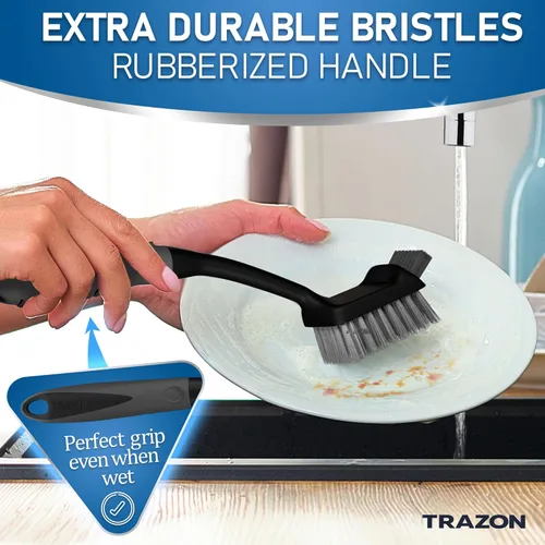 Miniatura 6 de Juego de 5 cepillos para platos con soporte, cepillos de cocina con mango largo antideslizante para limpieza, fregador, lavavajillas, platos, Negro