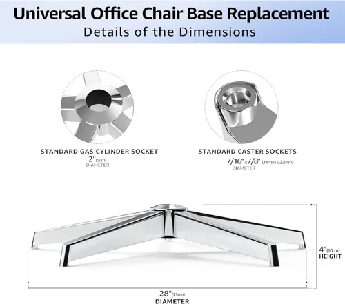 Miniatura 3 de MASTERY MART Base para silla de oficina de 28 pulgadas, resistente 2400 libras, Reemplazo de silla de escritorio de metal reforzado, Enchufe Plateado