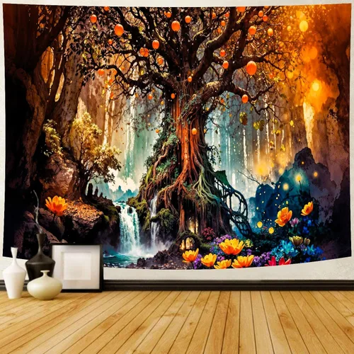 Miniatura 8 de Delur Tapiz de bosque de fantasía, río místico, encantado, de cuento de hadas, tapiz de árbol mágico de cuento de hadas, paisaje de amanecer, puesta