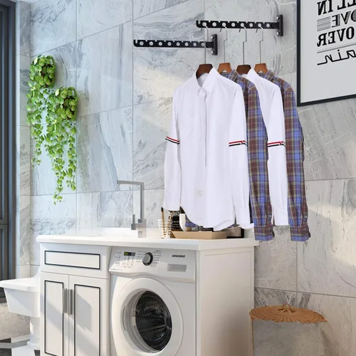 Miniatura 3 de Percha de ropa para montar en la pared, paquete de 2 perchas plegables negras para ropa sucia con brazo oscilante, organizador de almacenamiento