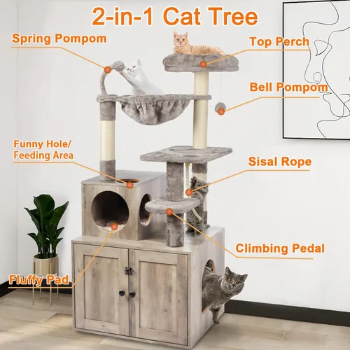 Miniatura 2 de Timberer Árbol para gatos con recinto para caja de arena, torre para gatos 2 en 1 para gatos de interior, condominio grande de madera para gatos