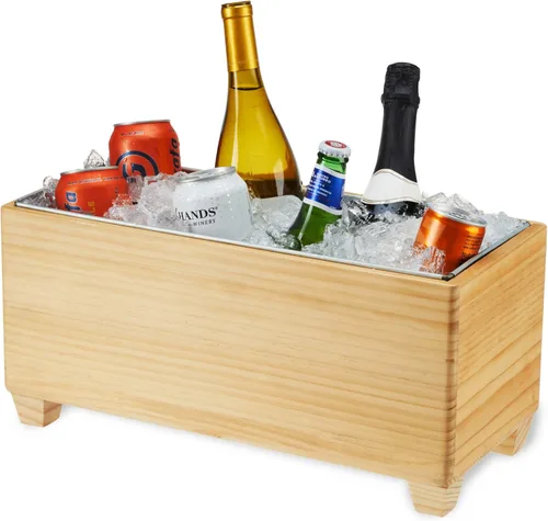 Miniatura 6 de Twine Cubo de hielo de madera y metal galvanizado, cubo de vino de madera y enfriador de cerveza, capacidad para 4 botellas de vino o 5.4 galones