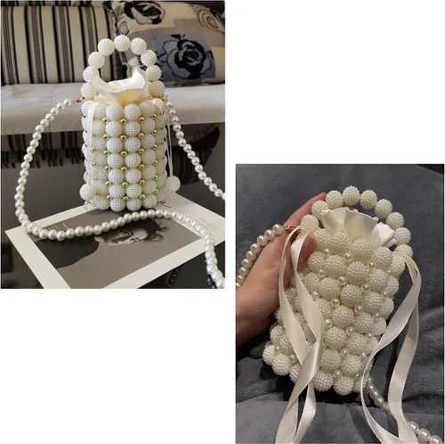 Miniatura 3 de YIFEI Bolsos hechos a mano con cuentas pequeñas perlas para mujer, con cadena desmontable, para fiesta de boda, Blanco