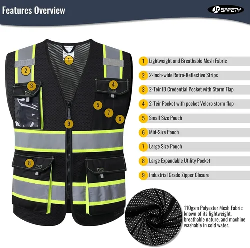 Miniatura 4 de JKSafety Hi Vis Chalecos de Seguridad Reflectantes para Hombres y Mujeres Chaleco de Alta Visibilidad con Bolsillos Construcción de Tela de Malla