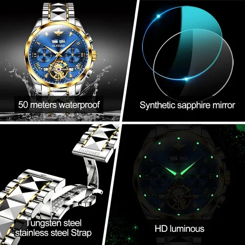 Miniatura 5 de OLEVS Relojes automáticos de esqueleto mecánico para hombres, 5ATM, impermeables, de tungsteno, acero inoxidable, cuerda automática, para hombre