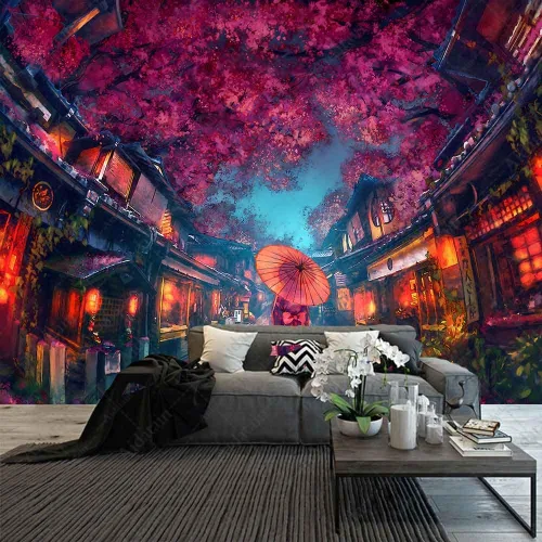 Miniatura 6 de Aidatain Tapiz de anime japonés antiguo japonés de paisaje de calle nocturna, tapiz de farol de flor de cerezo, tapiz grande de 80 x 60 pulgadas