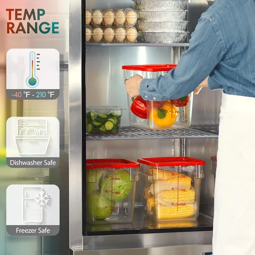 Miniatura 6 de CURTA Paquete de 4 recipientes de almacenamiento de alimentos con tapa roja - Grado comercial NSF en 5.7 L - Cuadrado, transparente, policarbonato