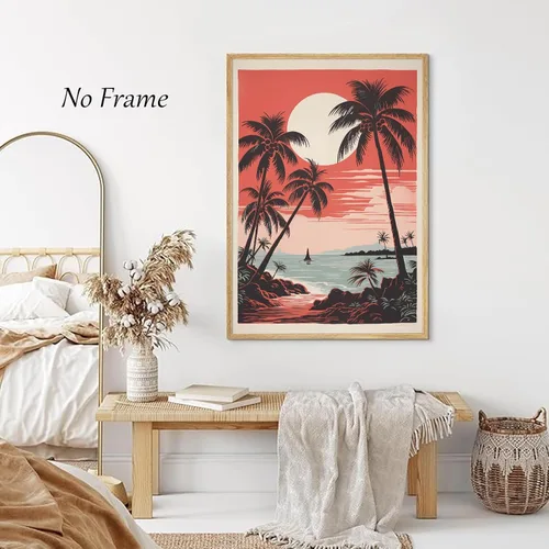 Miniatura 7 de Arte de pared vintage de paisaje marino retro, póster de playa con imagen de palmera, lienzo de árbol tropical, arte de pared, arte de océano