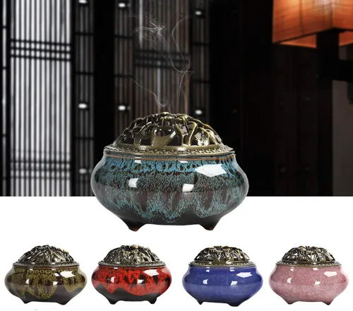 Miniatura 5 de Quemador de incienso de cerámica con soporte de incienso de calabash, 3 en 1, palo o bobina de cono, quemador de incienso con tapa de latón