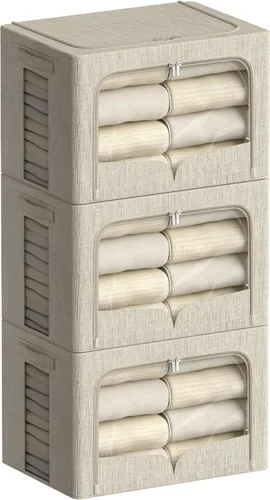 Miniatura 7 de FHSQX Paquete de 3 contenedores de almacenamiento de ropa, caja de almacenamiento plegable con marco de metal, juego organizador apilable de tela