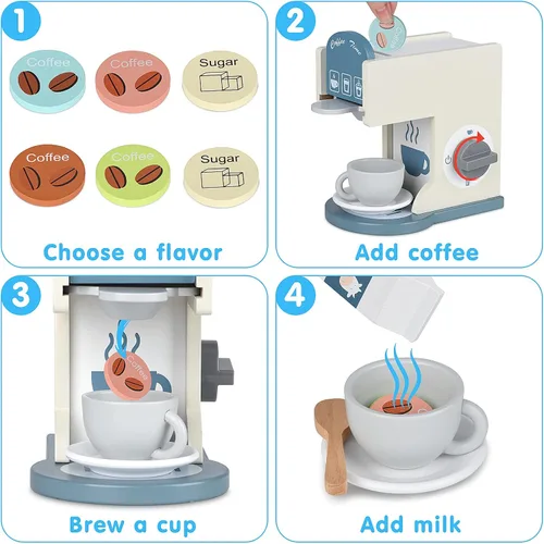 Miniatura 4 de Accesorios de cocina de juguete para niños, juego de cocina de madera con cafetera de juguete y máquina de espresso, juego de cocina para niños