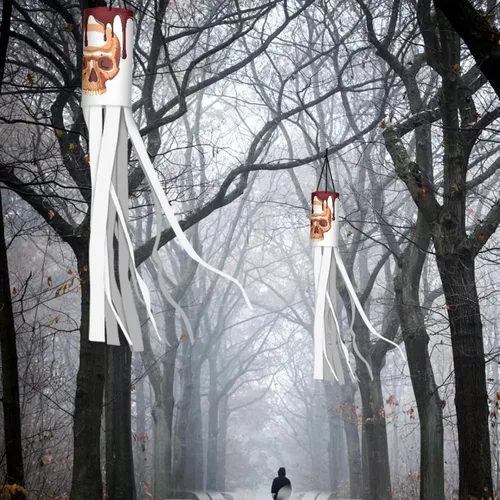 Miniatura 4 de 2 unidades de espantapájaros de noche al aire libre colgando Halloween sangre calavera viento calcetín banderas para patio al aire libre porche