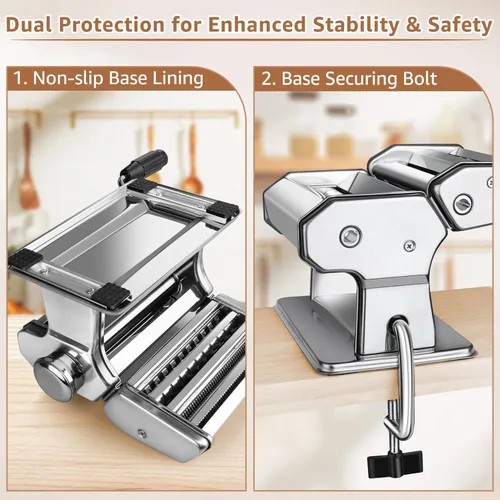 Miniatura 8 de Máquina para hacer pasta, rodillo de pasta con 7 ajustes de grosor y cortador 2 en 1, máquina de pasta de acero inoxidable para espaguetis
