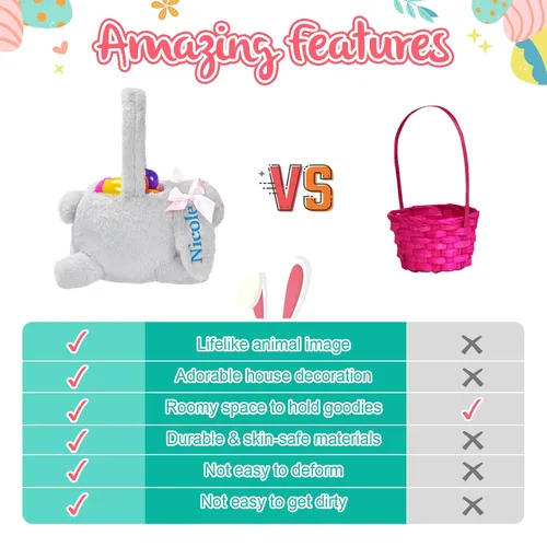 Miniatura 4 de Cesta personalizada de conejo de Pascua de 15 pulgadas con nombre bordado, cesta de caza de huevos de Pascua de felpa para regalos de decoración