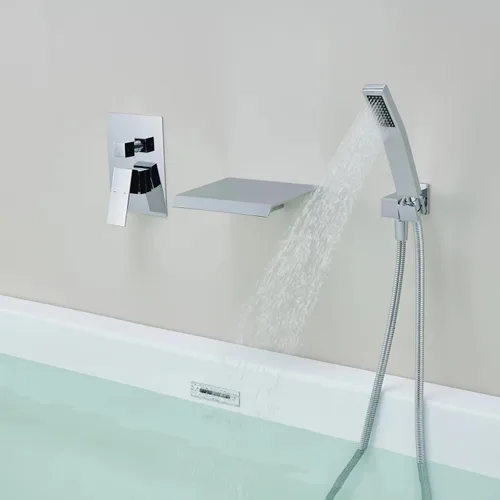 Miniatura 6 de Wowkk Grifo de Bañera de Montaje en Pared Relleno de Tina Cascada Grifo de Bañera Cromado Grifo de Baño de Latón de Una Sola Manija con Ducha de Mano
