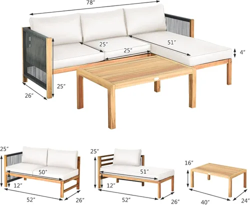 Miniatura 4 de Tangkula Juego de muebles de exterior en forma de L, juego de conversación de patio de madera de acacia de 3 piezas, con 2 sofás biplaza y mesa