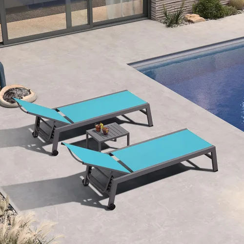 Miniatura 53 de PURPLE LEAF Juego de tumbonas para exteriores para 2 sillas de piscina de gran tamaño con ruedas fáciles de mover y respaldo ajustable, tumbonas